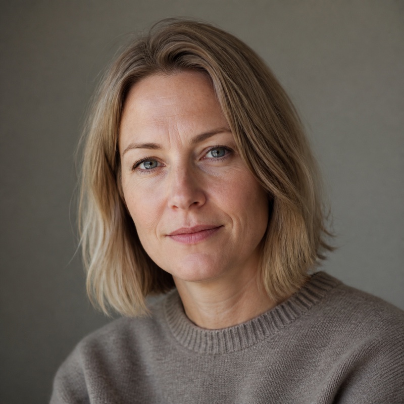 Square head-and-shoulders portrait of Esther Lindqvist, a woman in her thirties, soft plain background, natural daylight