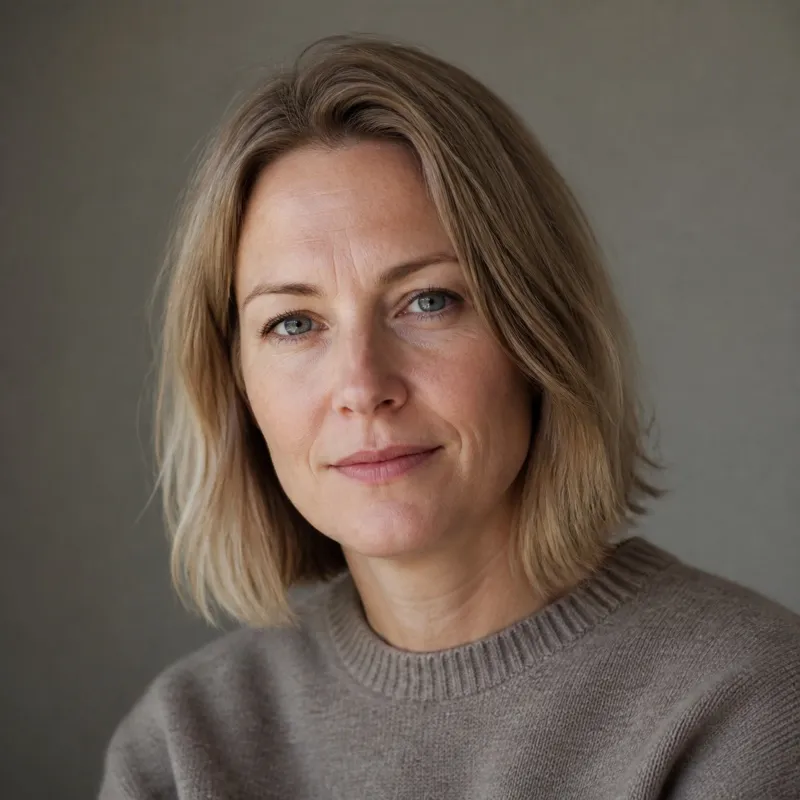 Square head-and-shoulders portrait of Esther Lindqvist, a woman in her thirties, soft plain background, natural daylight