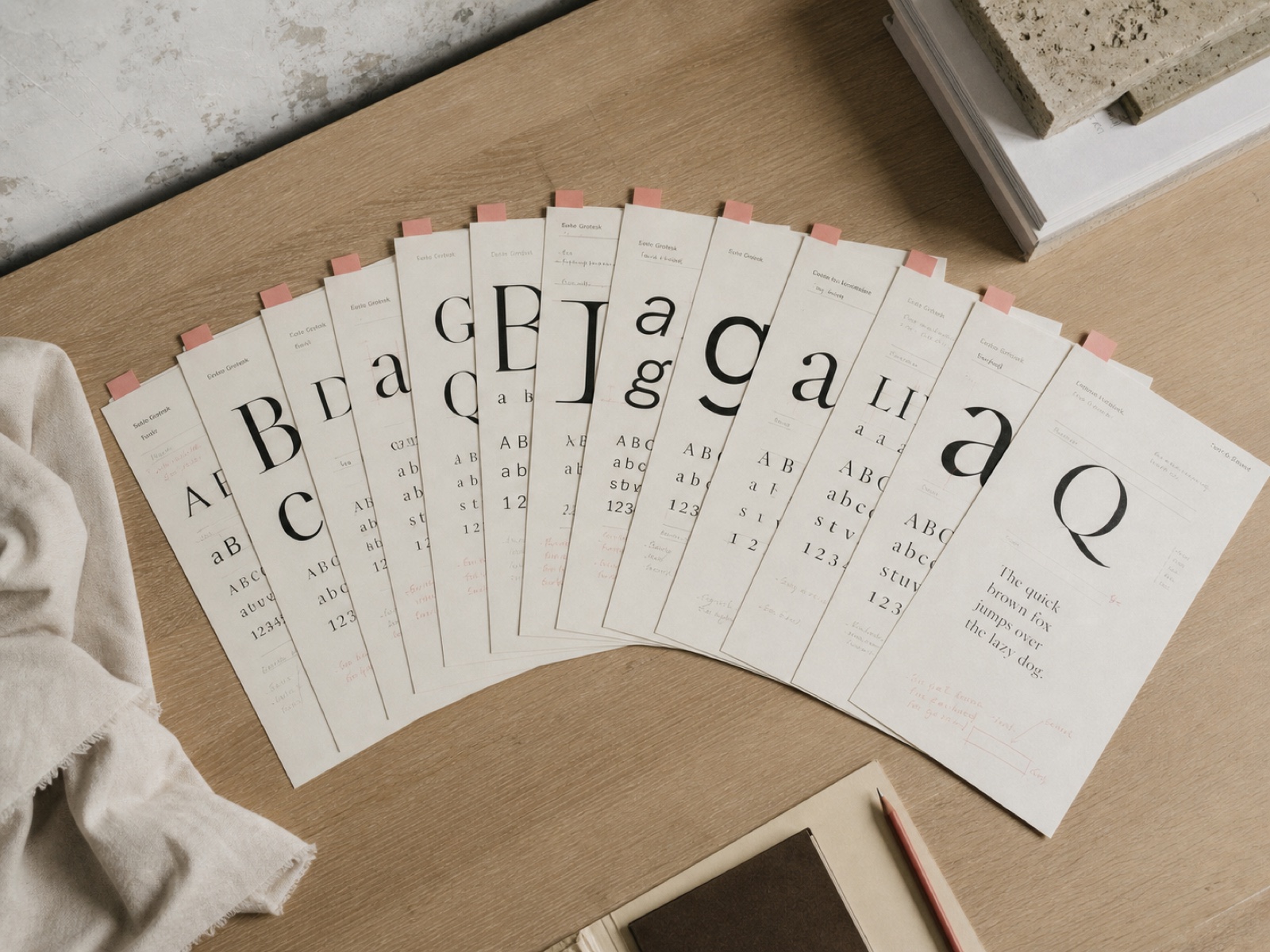 Type specimen sheets fanned across a pale desk, each tabbed with a small dusty rose paper marker