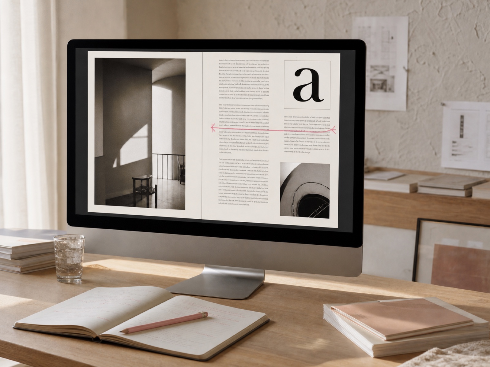 A still from a filmed lesson: a magazine layout open on screen with a rose measuring line drawn across the text column, warm daylight on the desk