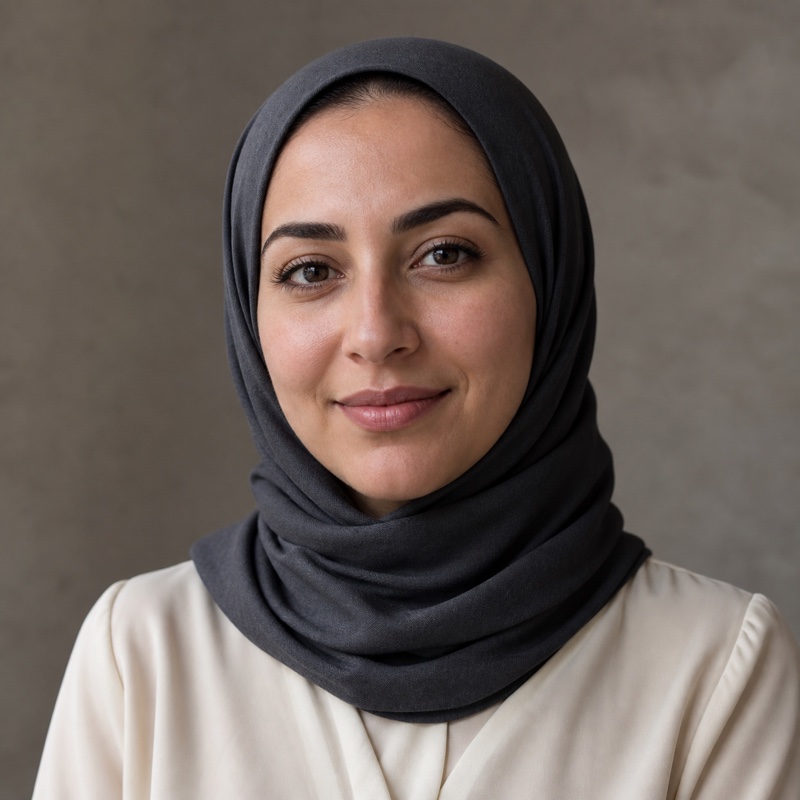 Square head-and-shoulders portrait of Noor Haddad, a woman in her thirties wearing a headscarf, soft plain background, natural daylight