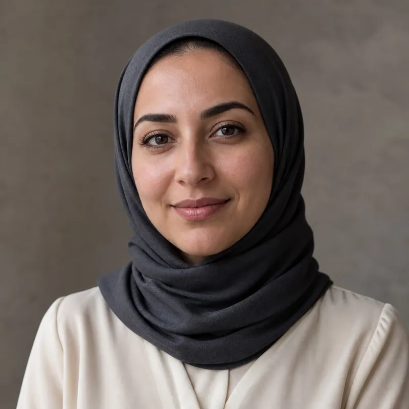 Square head-and-shoulders portrait of Noor Haddad, a woman in her thirties wearing a headscarf, soft plain background, natural daylight