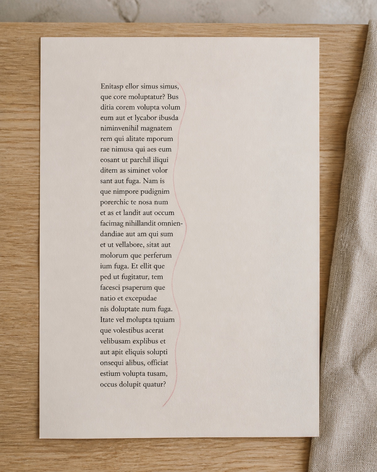 A text column set with a soft, evenly stepped rag, its silhouette traced in one clean dusty rose line