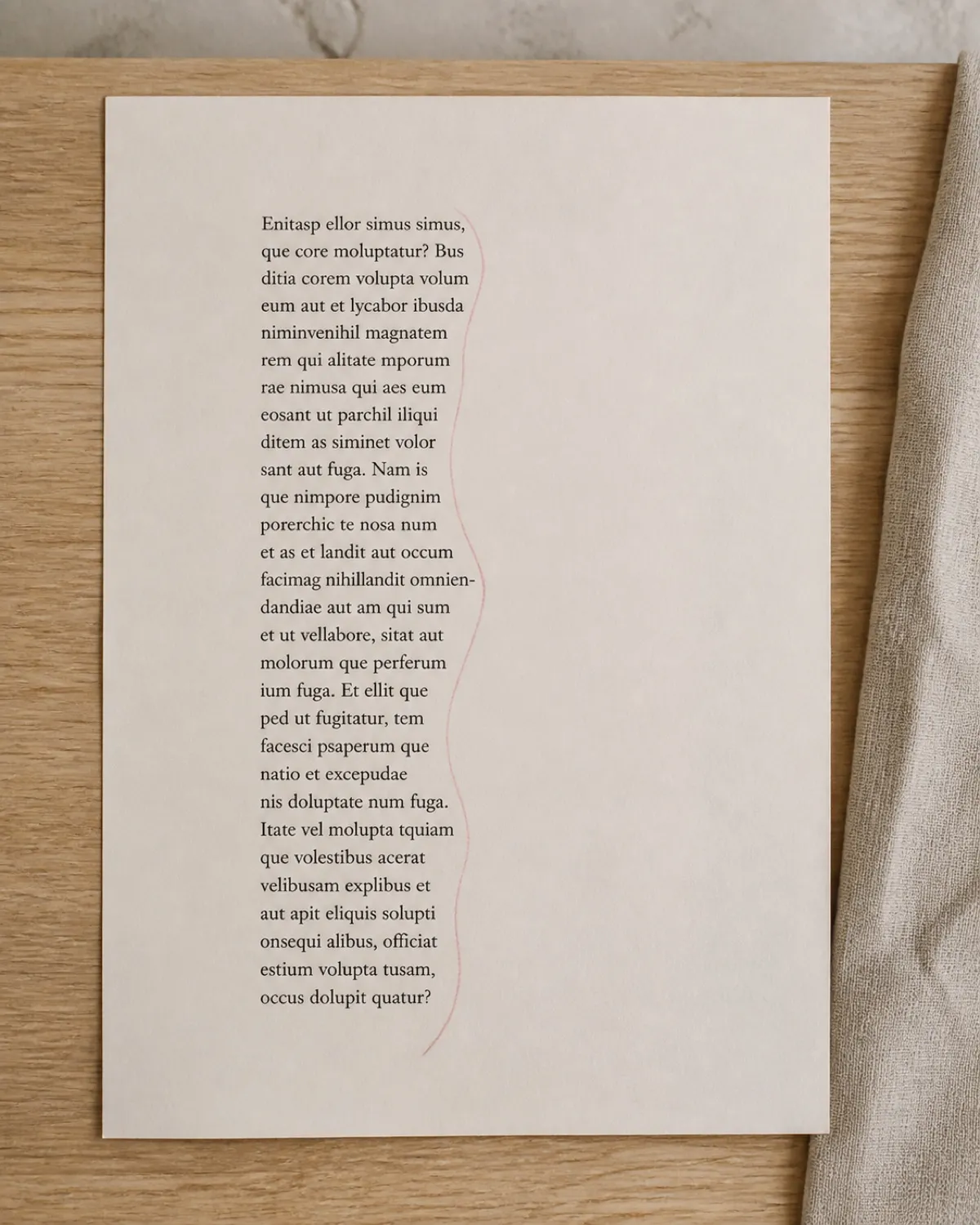 A text column set with a soft, evenly stepped rag, its silhouette traced in one clean dusty rose line