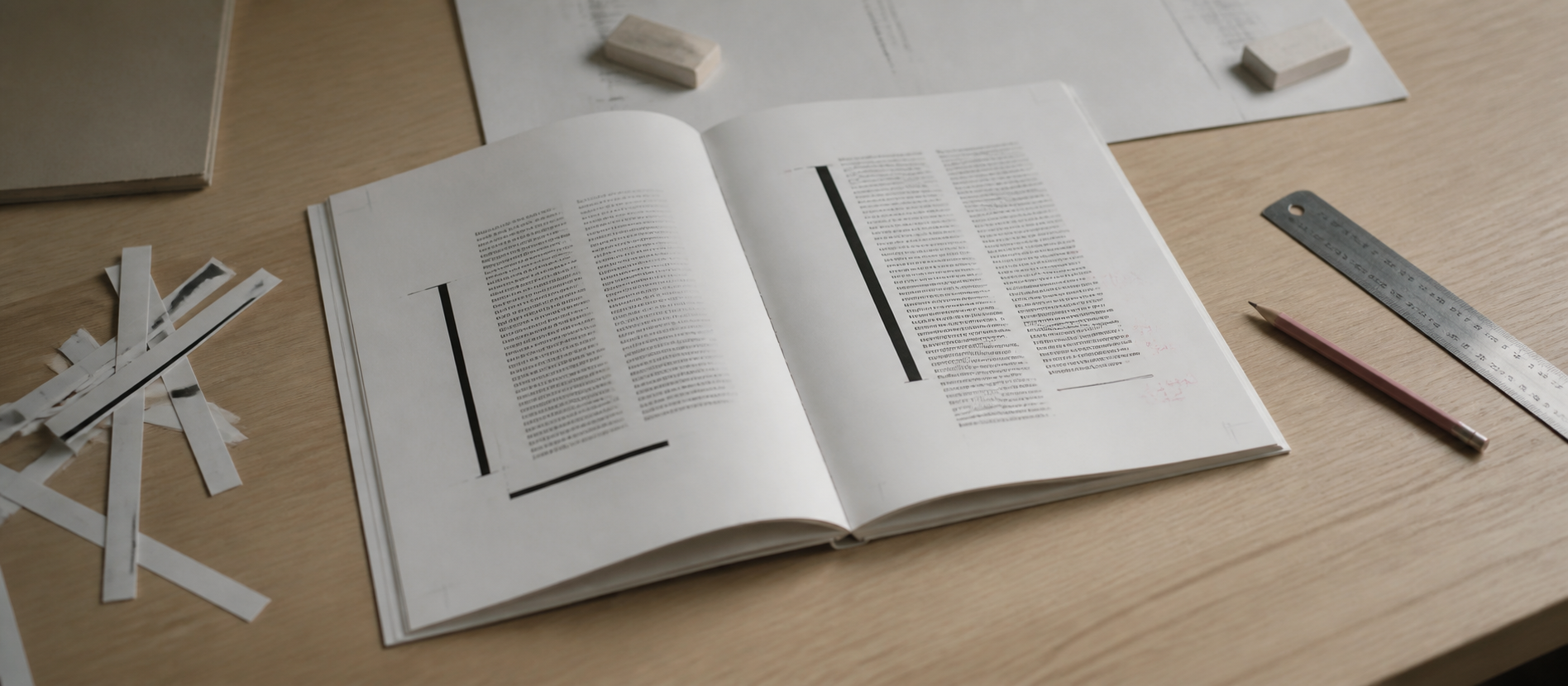 Open editorial typography proof with a ruler, paper strips, and a dusty-rose pencil on a pale oak worktable
