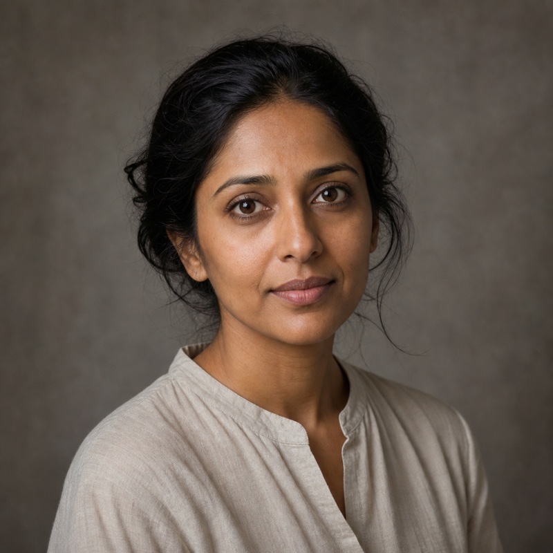 Square head-and-shoulders portrait of Priya Raghunathan, a South Asian woman in her thirties, soft plain background, natural daylight
