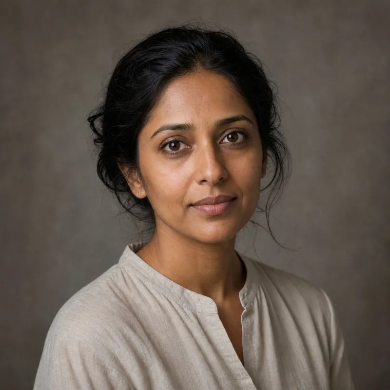 Square head-and-shoulders portrait of Priya Raghunathan, a South Asian woman in her thirties, soft plain background, natural daylight