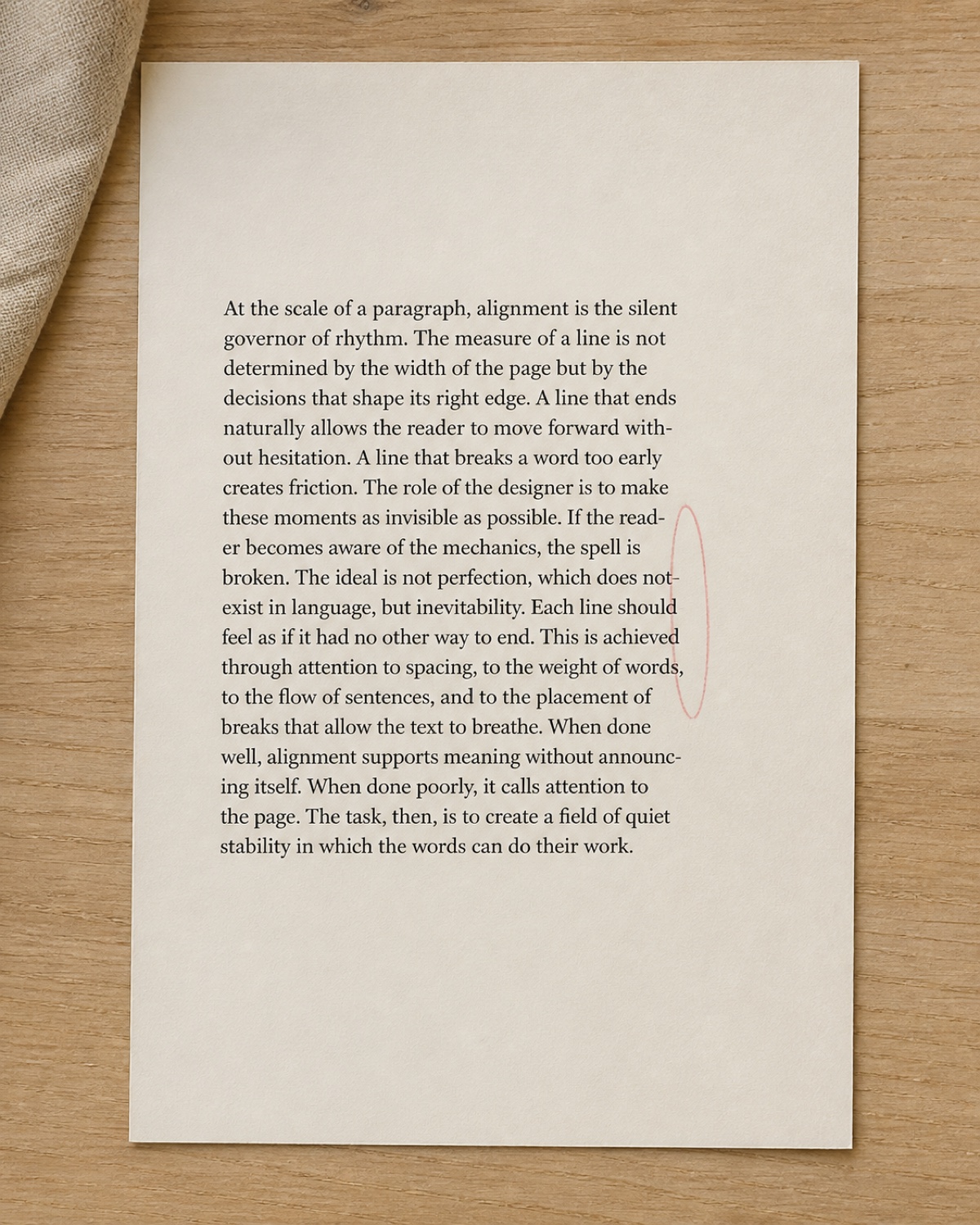 A text column set with a near-flush right edge and five stacked hyphens circled in dusty rose