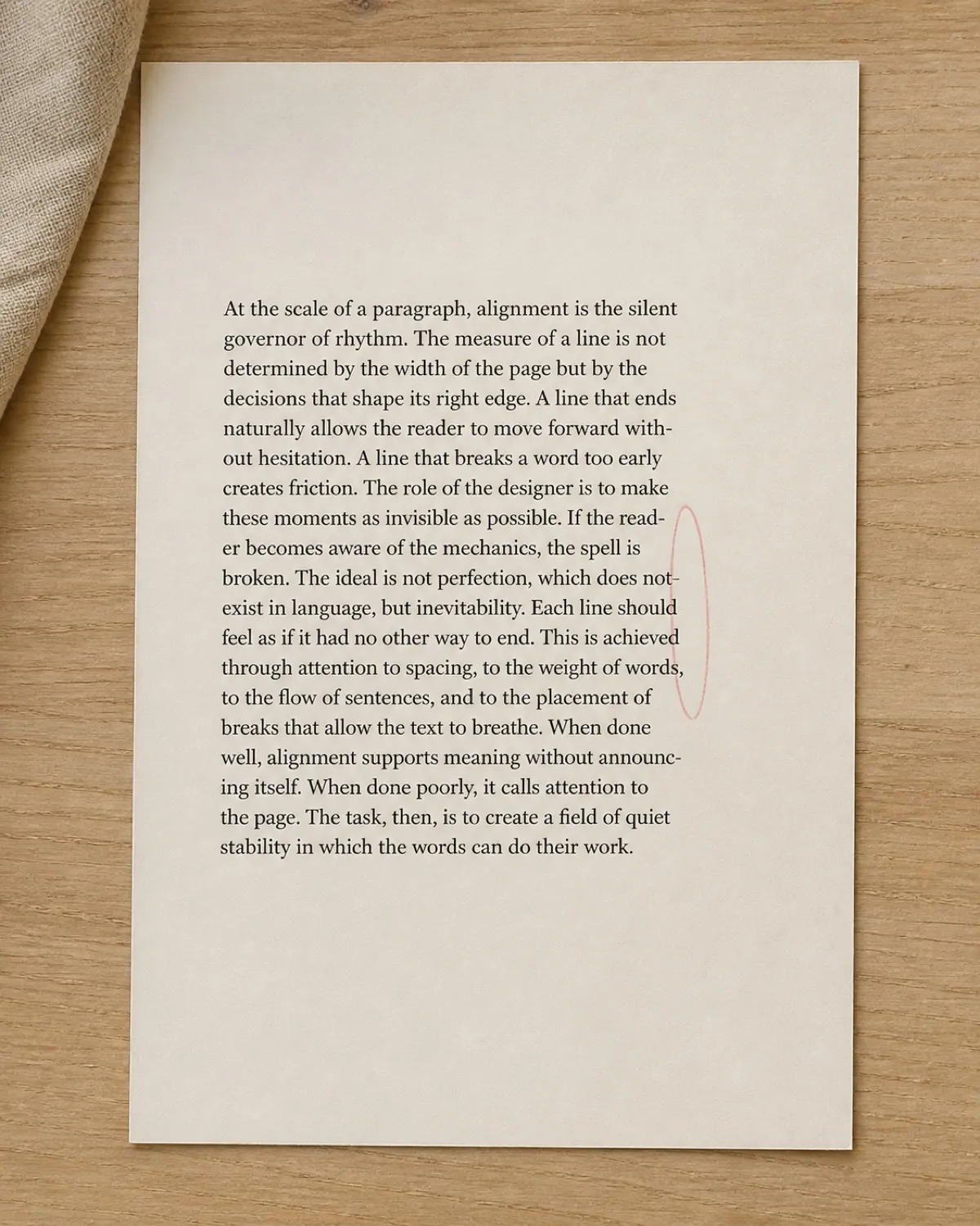 A text column set with a near-flush right edge and five stacked hyphens circled in dusty rose