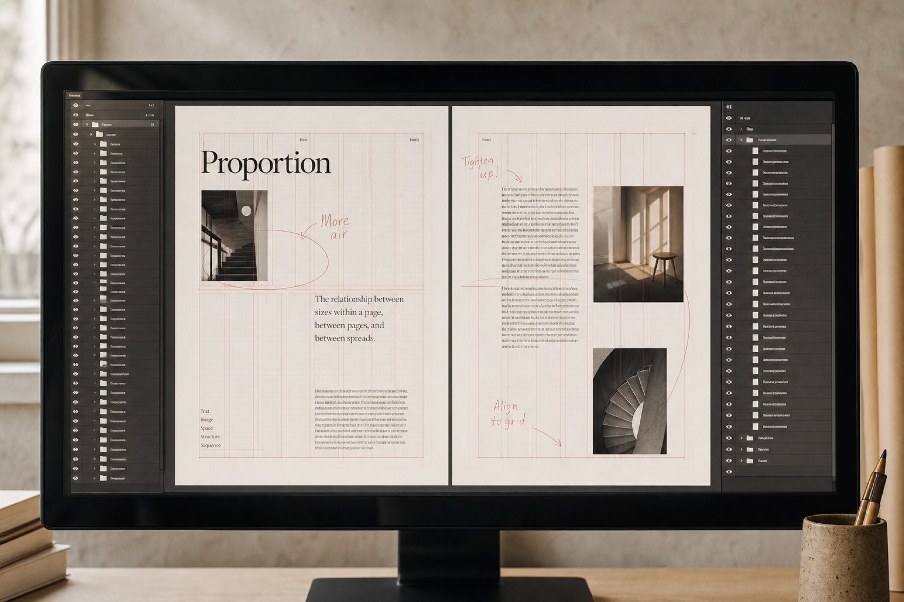 An unlocked InDesign file in a dark interface with every layer exposed and the baseline grid switched on