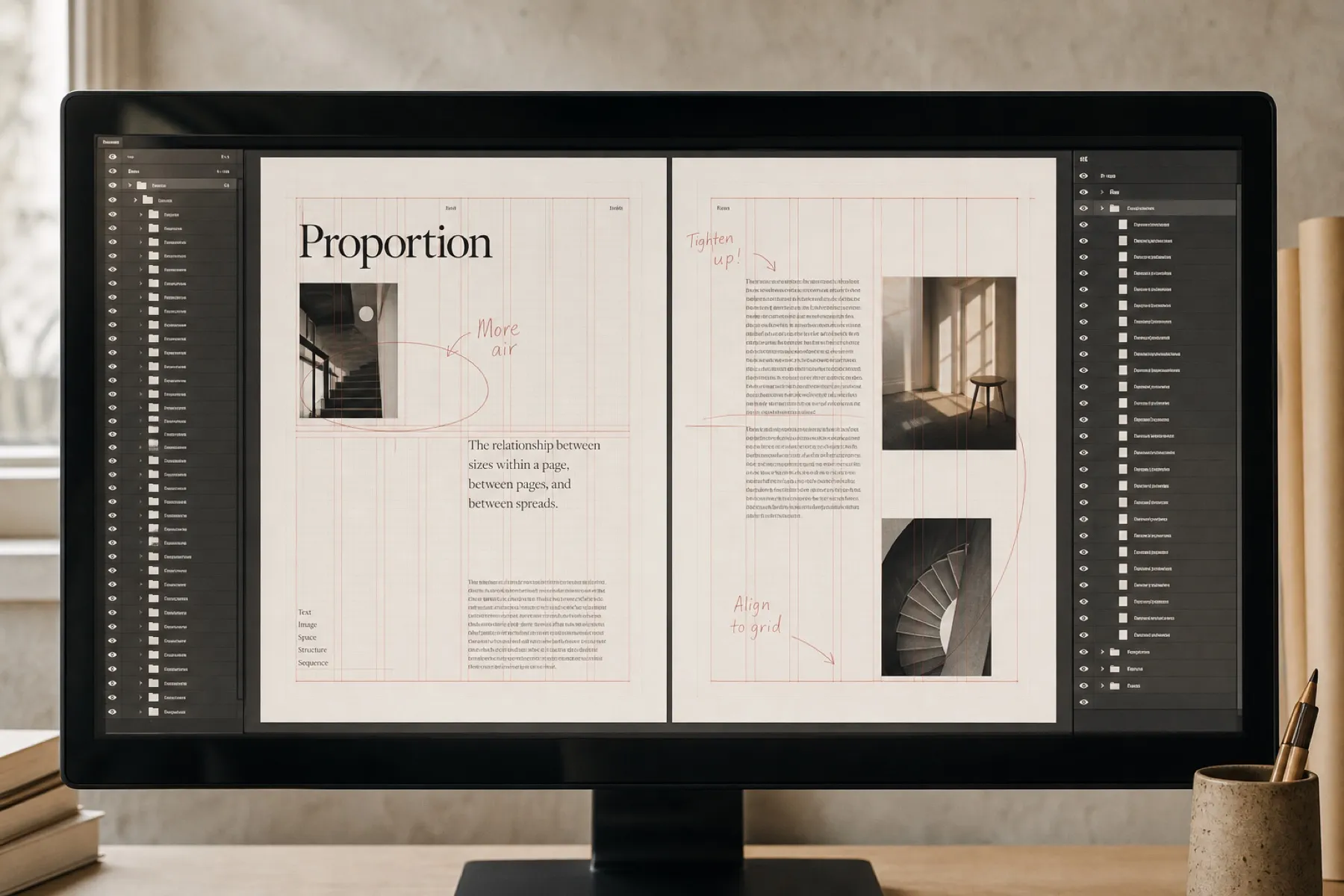 An unlocked InDesign file in a dark interface with every layer exposed and the baseline grid switched on