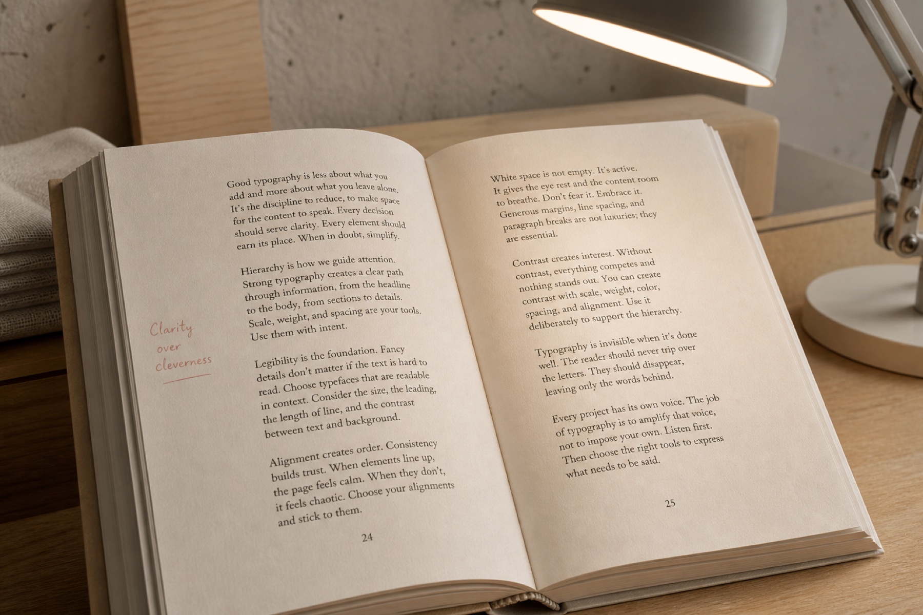 A manual spread photographed under lamplight, the running text set in two columns with a marginal note in rose ink