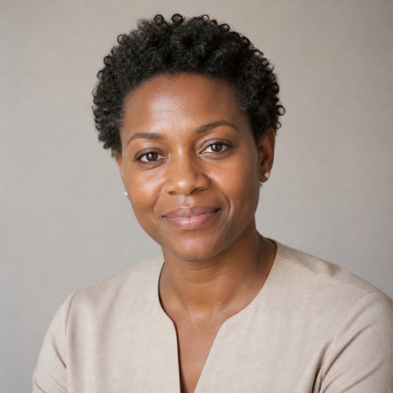 Square head-and-shoulders portrait of Marguerite Okonjo, a Black woman in her forties, soft plain background, natural daylight