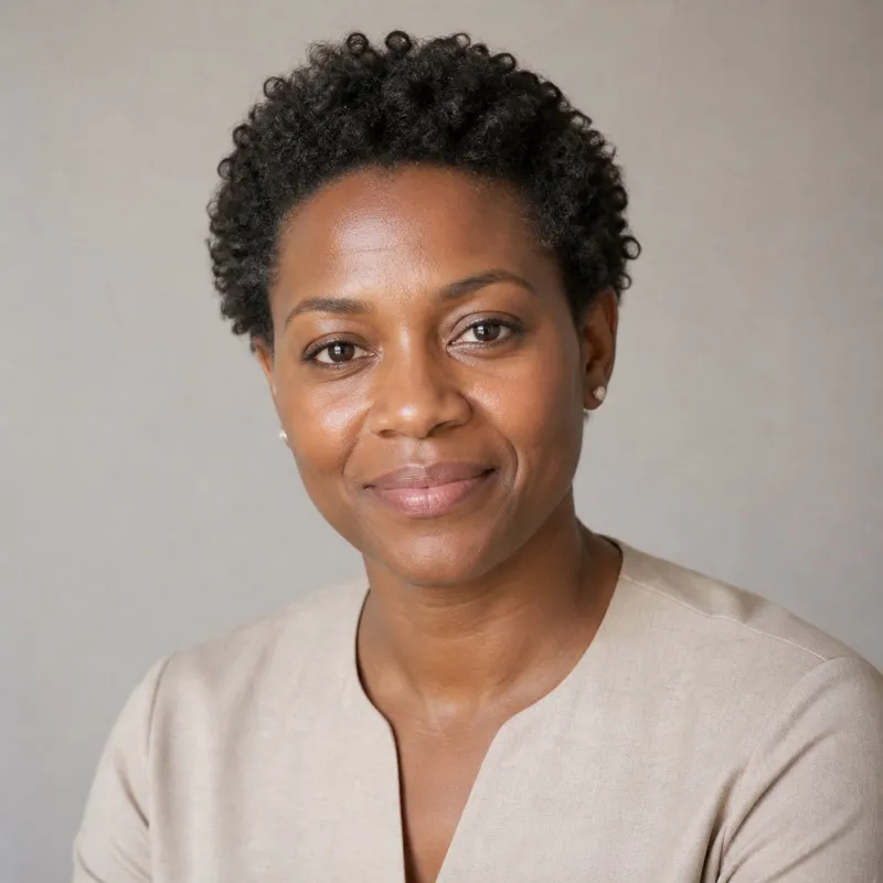 Square head-and-shoulders portrait of Marguerite Okonjo, a Black woman in her forties, soft plain background, natural daylight
