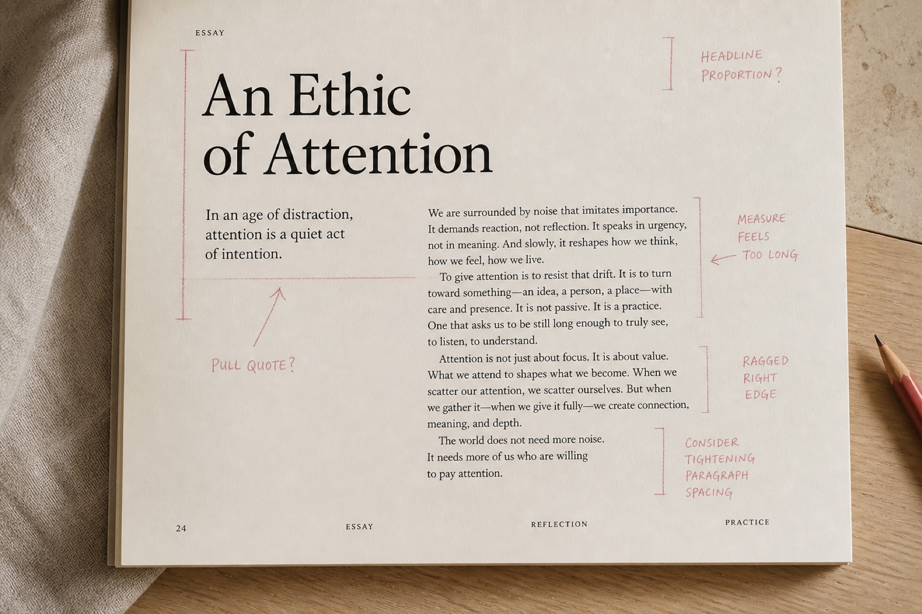 A student's layout covered in rose critique marks calling out the measure and the ragged right edge