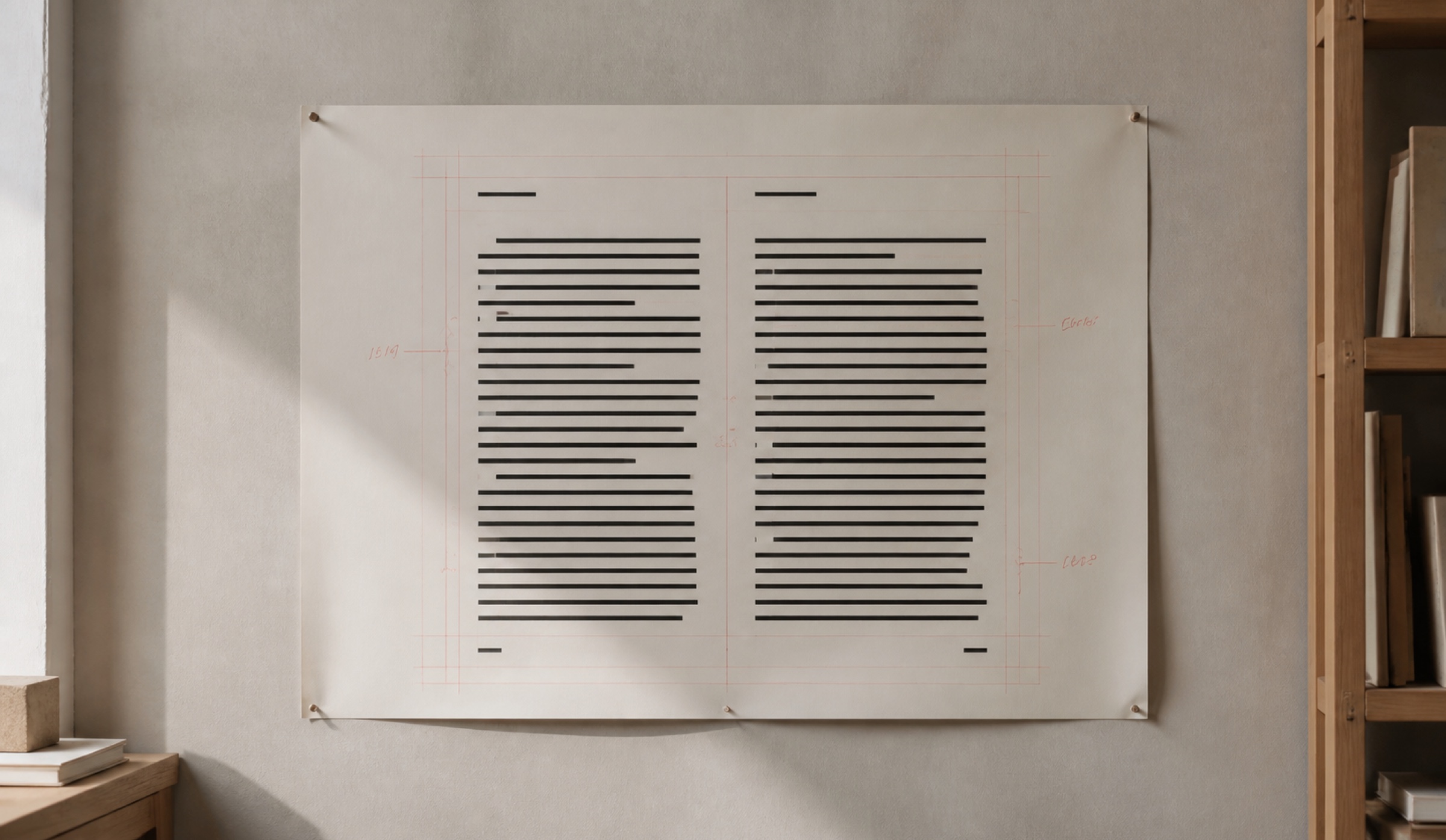 A large printed proof pinned to a plaster studio wall in soft daylight, an editorial spread marked up in dusty rose pencil with the baseline grid drawn in and the measure bracketed by hand