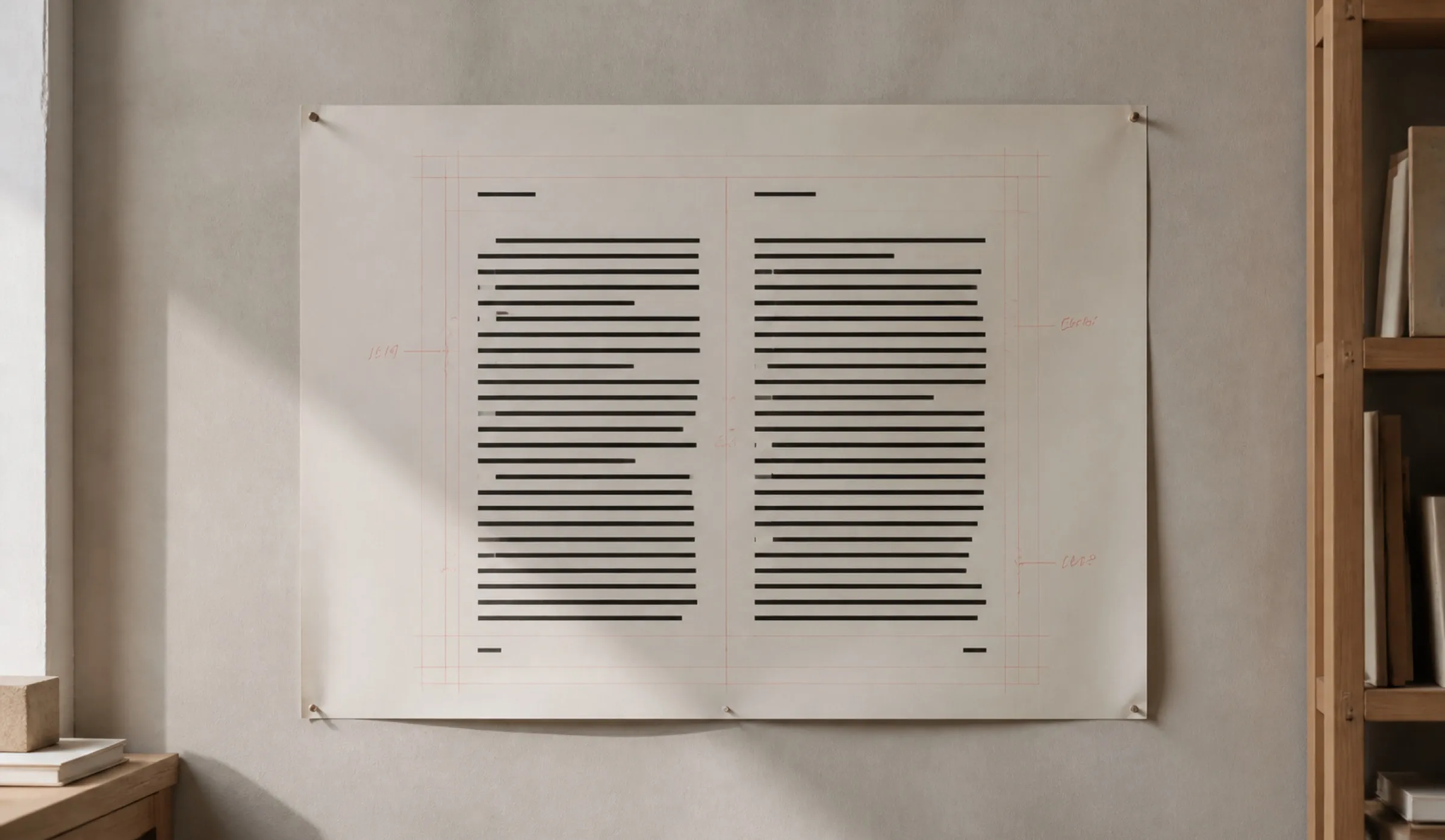 A large printed proof pinned to a plaster studio wall in soft daylight, an editorial spread marked up in dusty rose pencil with the baseline grid drawn in and the measure bracketed by hand