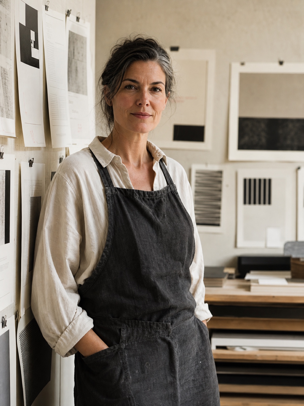 Della Voss, a woman in her forties in a linen work apron, standing beside a studio wall of pinned printed proofs in soft window light, looking directly at the camera