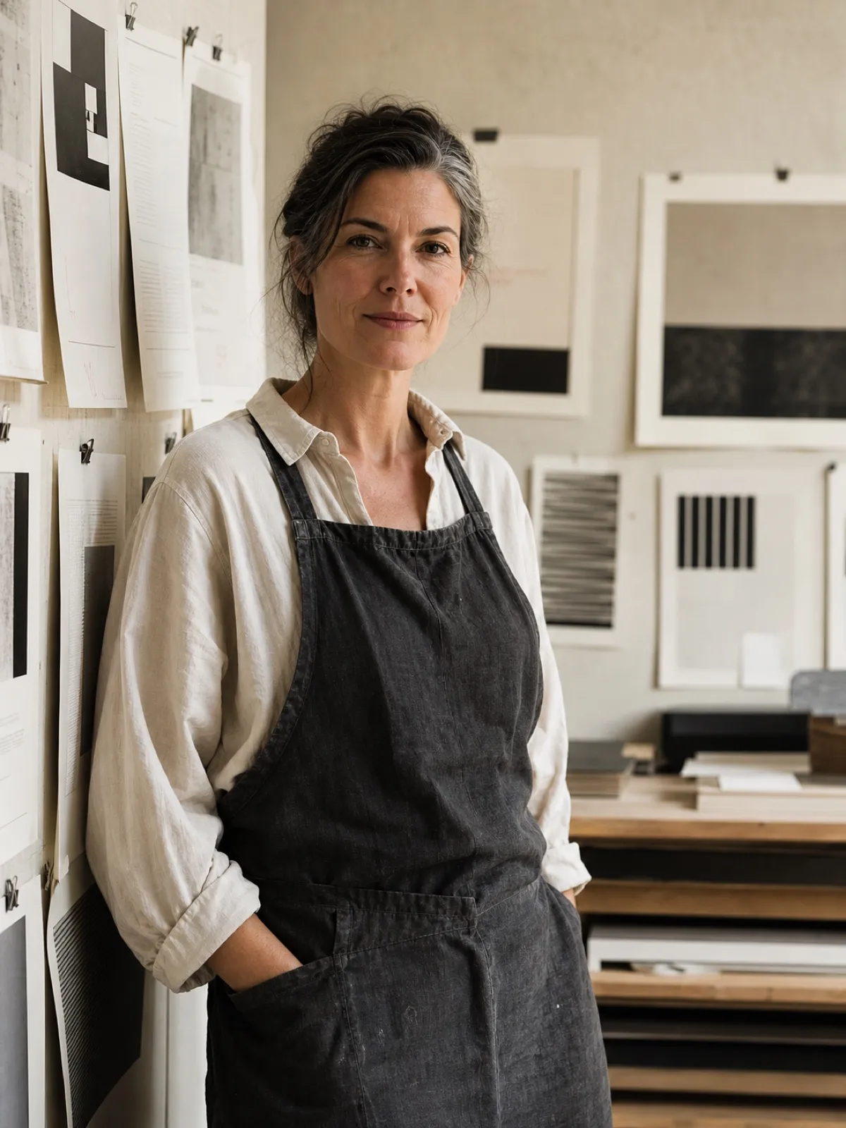 Della Voss, a woman in her forties in a linen work apron, standing beside a studio wall of pinned printed proofs in soft window light, looking directly at the camera