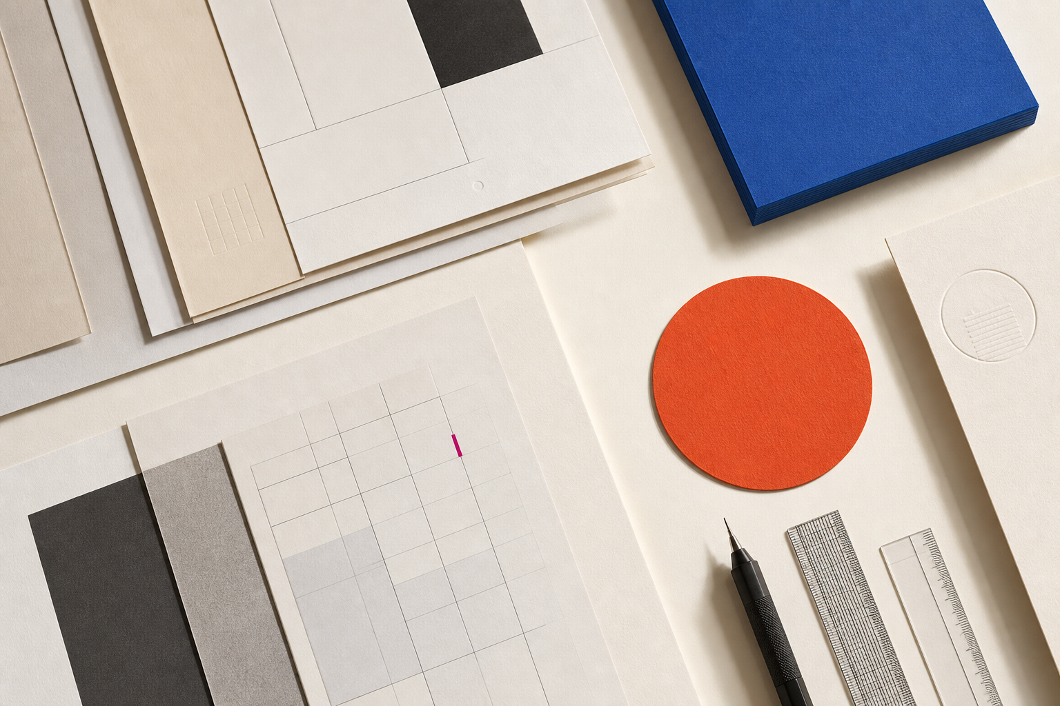 Top-down design workbench with paper proofs, layout grids, a cobalt paper block, and an orange circular swatch