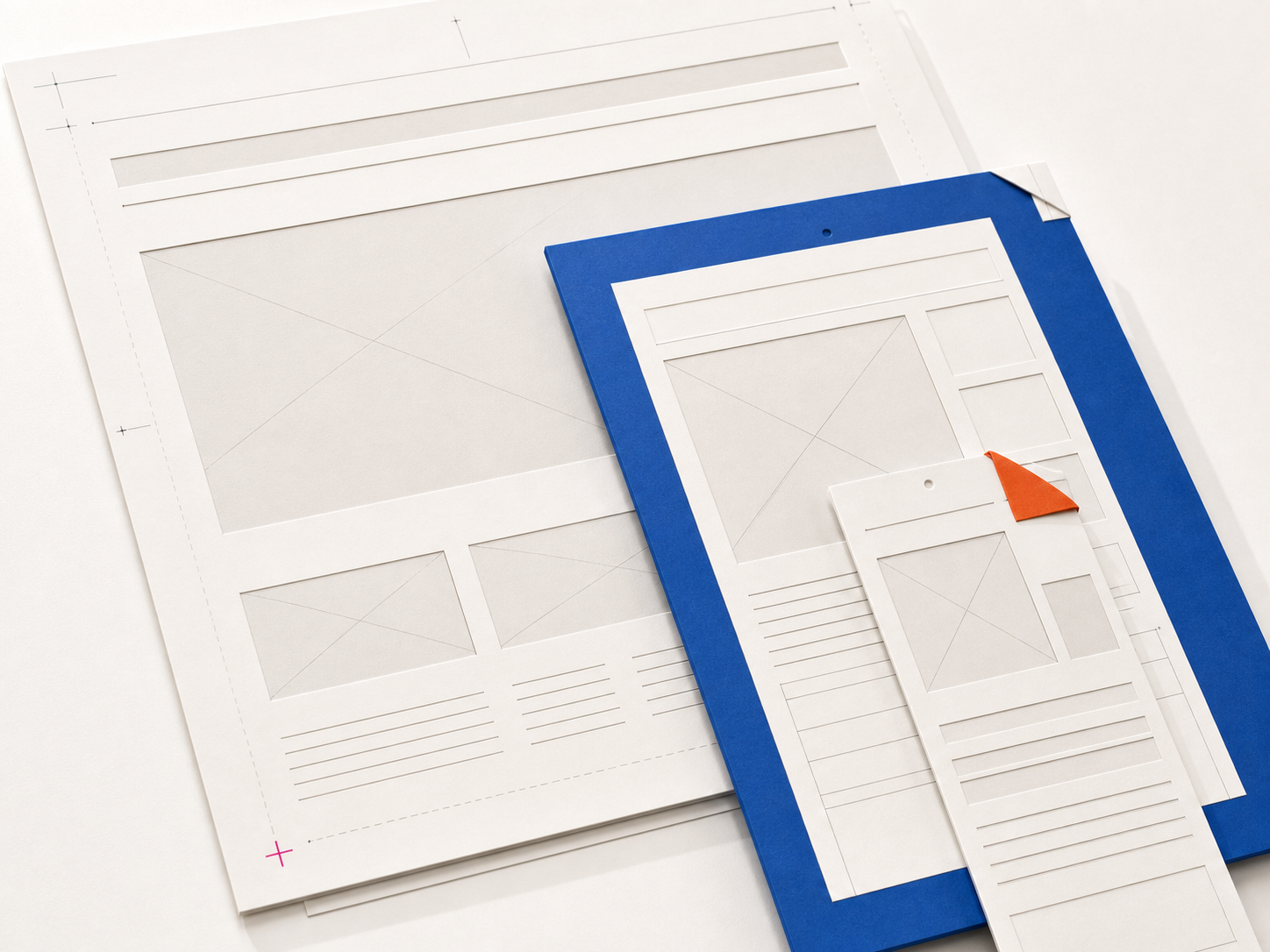 Layered paper website wireframes in desktop, tablet, and mobile proportions