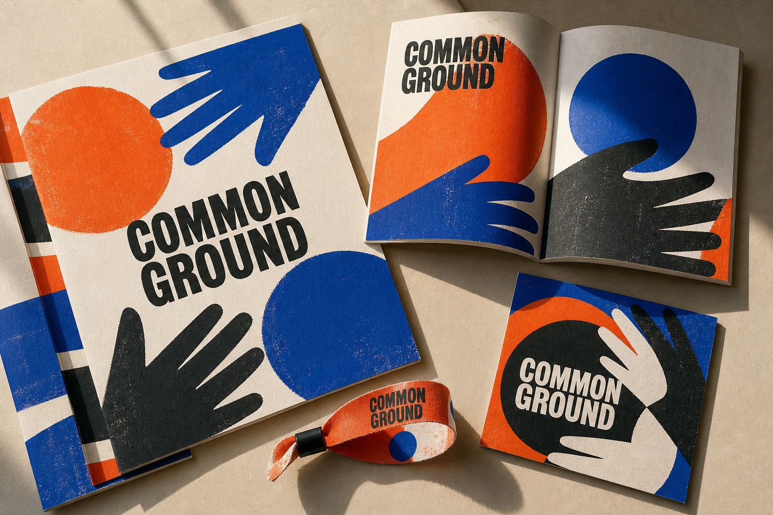Common Ground arts festival identity across posters, program, and wristband