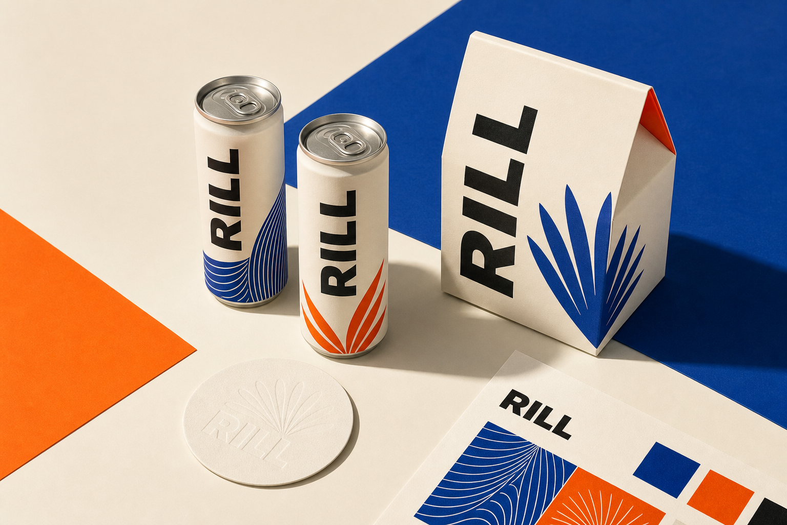 Rill sparkling botanical tea brand system shown across cans and packaging